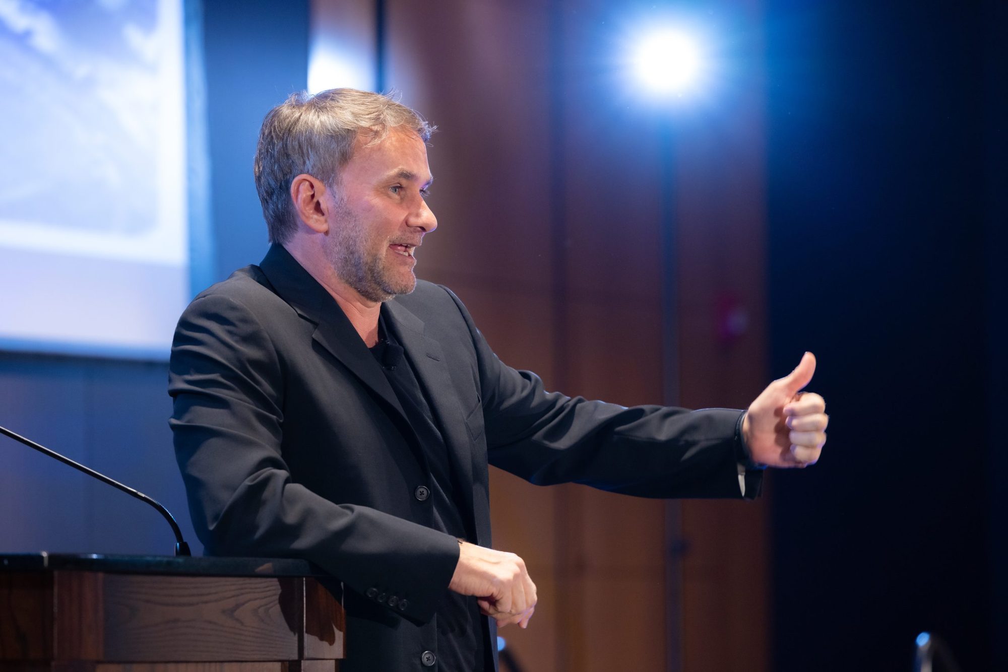 A keynote speaker addressing the audience at the Innovate@UCLA executive leadership awards
